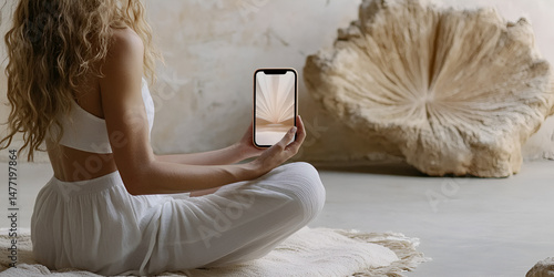 Woman Using a Mobile App for Meditation, Meditation via Smartphone App at Home, Mindfulness and Meditation with Technology

