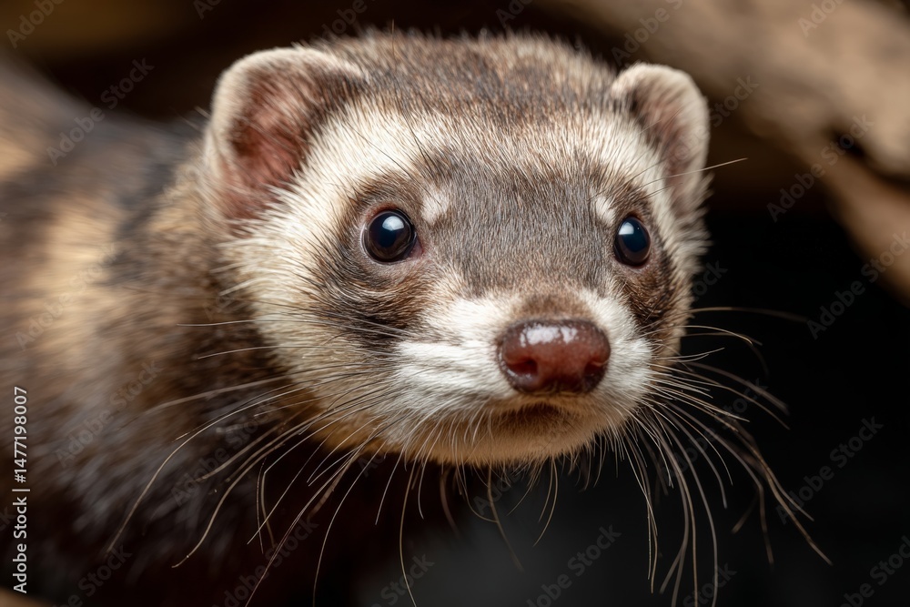 Close-up view of a curious ferret exploring its habitat in the afternoon light Close-up view of a curious ferret exploring its habitat in the afternoon light