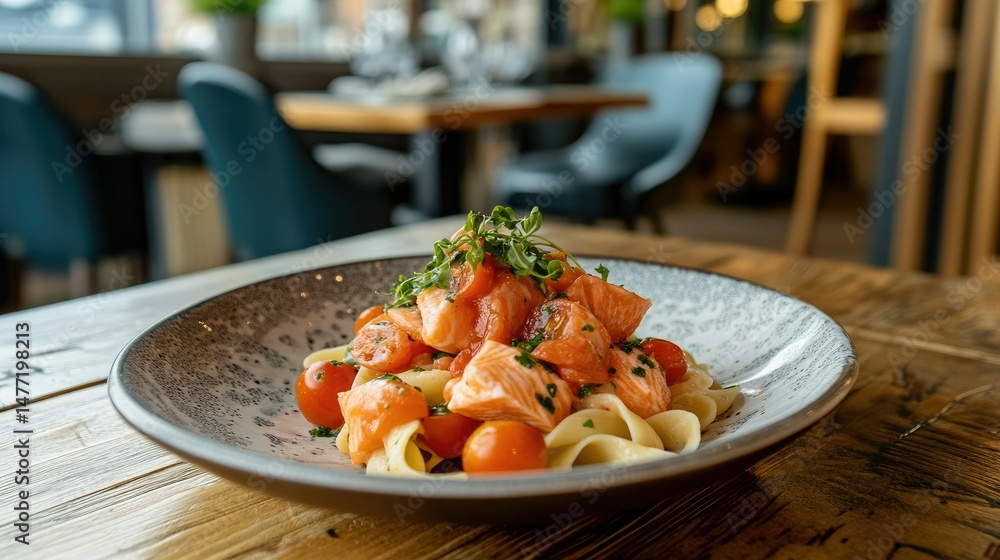 A beautifully plated dish featuring a thick salmon fillet, garnished with herbs, resting atop a bed of spaghetti.
