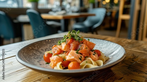 A beautifully plated dish featuring a thick salmon fillet, garnished with herbs, resting atop a bed of spaghetti.