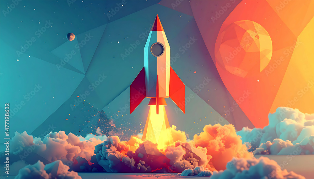 Fototapeta premium Low Poly Rocket Launching into Space: Stunning Digital Art