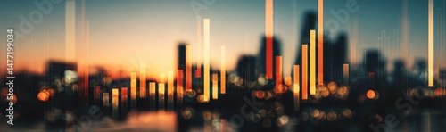 City skyline at sunset with blurred buildings and bright light beams.