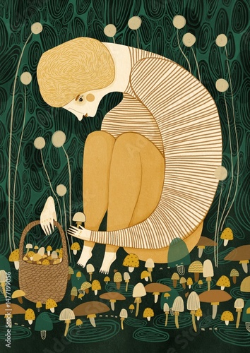 Girl picking mushrooms in a forest with plants around her