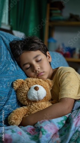 Boy Sleeping Peacefully with Teddy Bear on Bed in Bedroom at Home