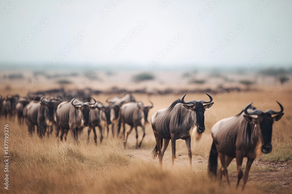 Fototapeta premium Wild herds roam the African savanna, their movement capturing the delicate balance of nature, framed by a vast, untamed landscape.