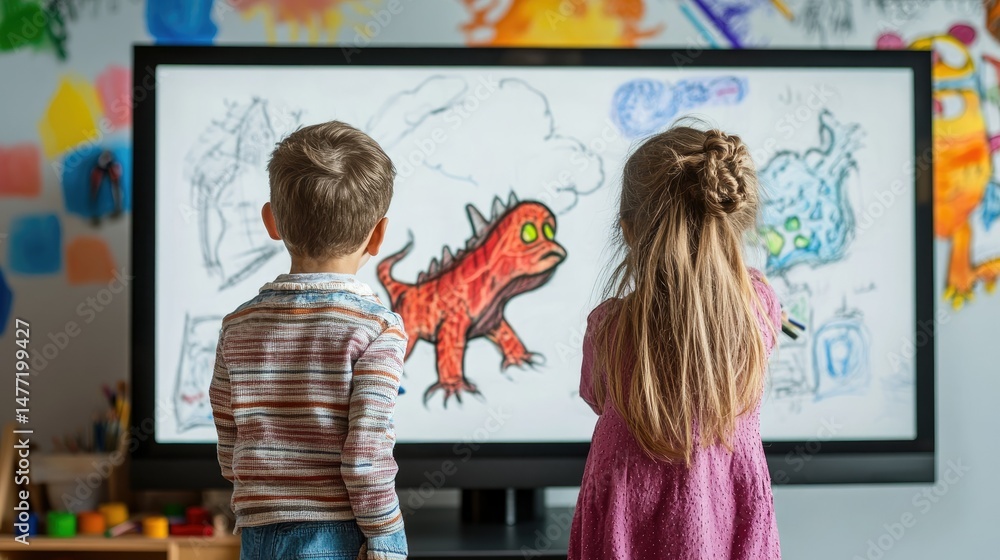 custom made wallpaper toronto digitalTwo children, a girl with shoulder-length brown hair wearing a pink shirt and a boy with short brown hair in a black shirt, are engaged with a large digital screen.