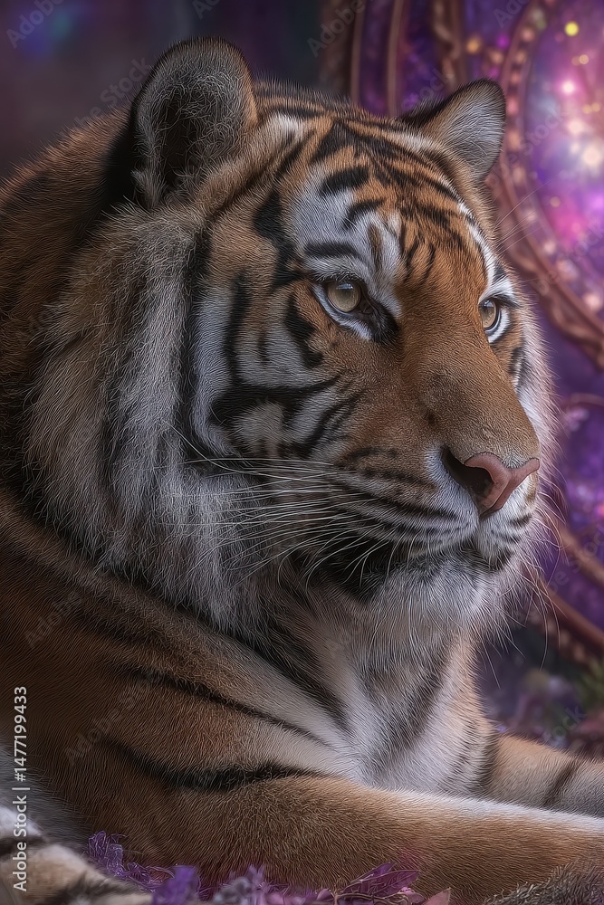 Fototapeta premium Majestic Tiger Close up Portrait Wild Cat Resting in Purple Floral Setting