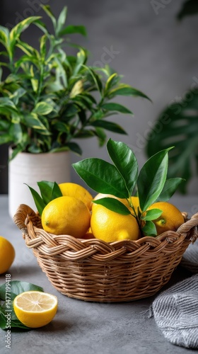 Bright Yellow Lemons in Wicker Basket Still Life Arrangement with Fresh Green Leaves and Houseplants