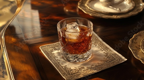 Obraz na płótnie A crystal-cut glass contains a dark amber drink, filled with several ice cubes, sitting atop a white napkin. w salonie