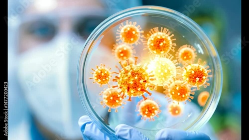 Scientist holding a petri dish with visualized virus particles under observation in a laboratory setting, symbolizing medical research and virology.