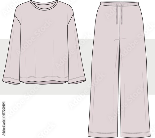 Long sleeve oversize basic sleepwear, lounge wear, pajama set fashion technical drawing, flat sketch, illustration.Front view, cad, mockup.