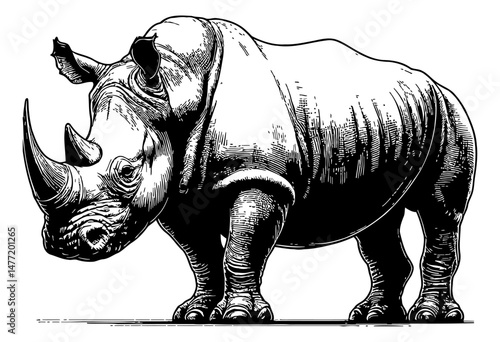 Engraved Illustration of a Strong Rhinoceros Standing Tall on White Background