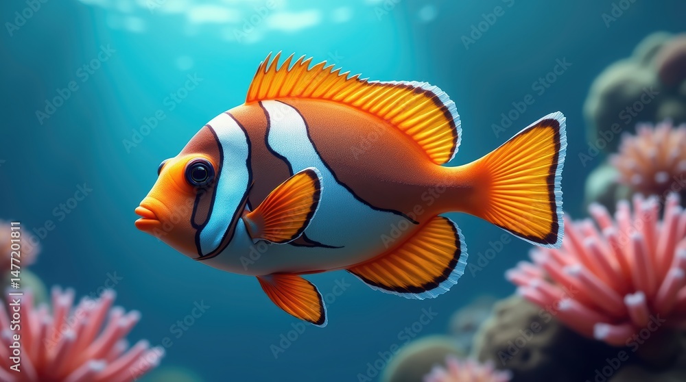 Naklejka premium An orange clownfish with white and black stripes swims among corals in a tropical ocean. A bright underwater illustration