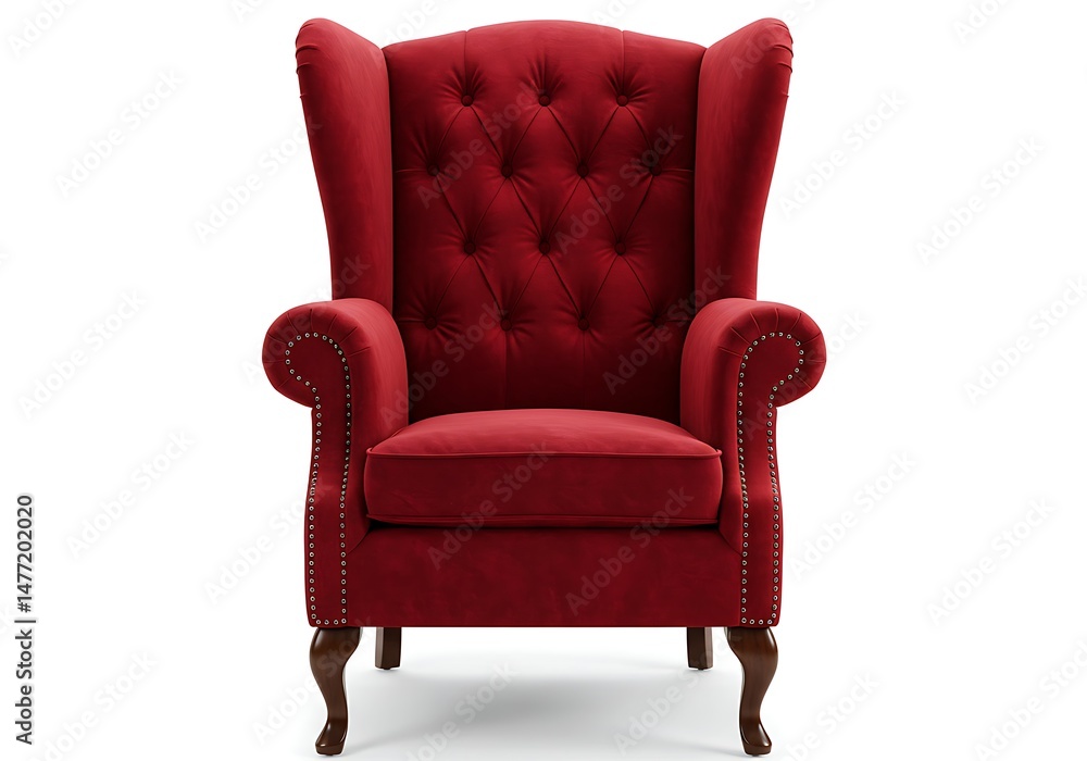 A red velvet wingback chair on a white background shot A red velvet wingback chair on a white background shot