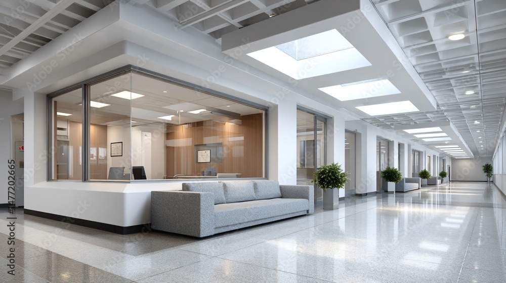 Fototapeta premium High-tech electronics cleanroom illustrating white antistatic wall cladding, polished epoxy floors, modular stainless workstations, large observation windows, ceiling-mounted HEPA filtration