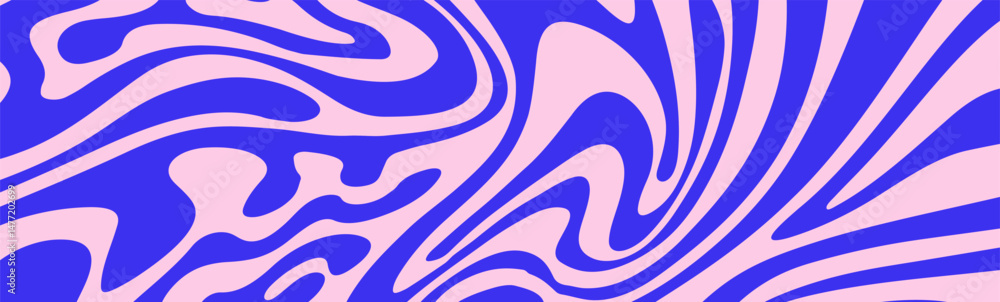 Obraz premium Abstract vector illustration with flowing wavy blue lines on a pink background, creating a dynamic and modern optical effect, ideal for digital design, posters, or contemporary art. 