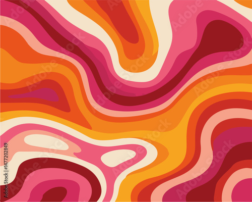 Retro abstract vector illustration with wavy lines and organic shapes in orange, pink, burgundy, and beige colors. Vintage design, inspired by 70s patterns, perfect for creative backgrounds and decor.