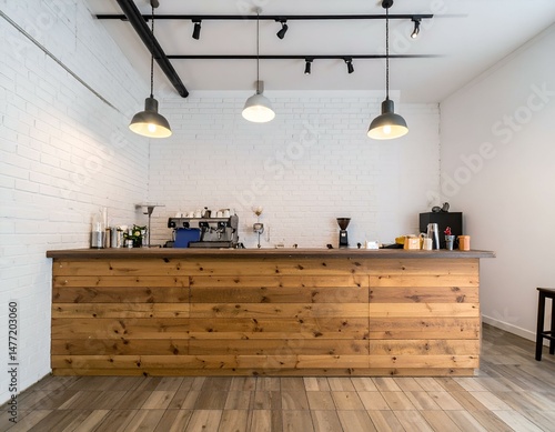 Modern coffee shop interior with wooden counter, white brick wall, and industrial lighting.