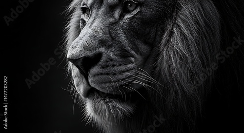 A powerful black and white close-up portrait capturing the intense gaze and majestic mane of a lion in dramatic profile lighting.