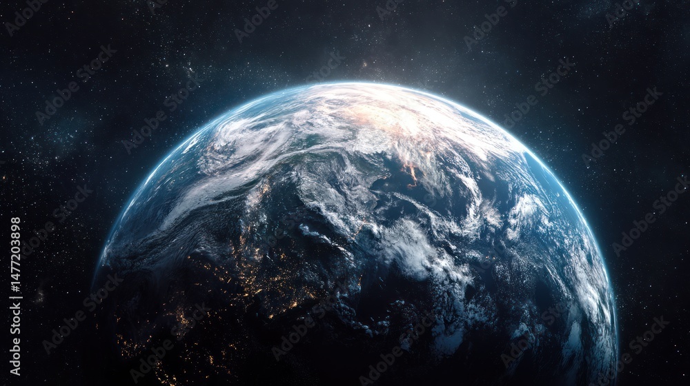 Obraz premium Earth view from space showing continents oceans and cloud cover.