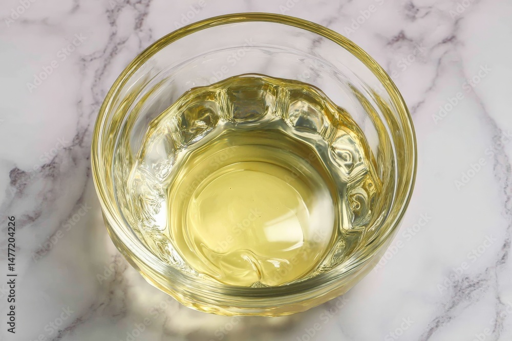 Clear glass bowl filled with golden liquid resting on a marble surface showcases vibrant reflections and textures Clear glass bowl filled with golden liquid resting on a marble surface showcases vibrant reflections and textures