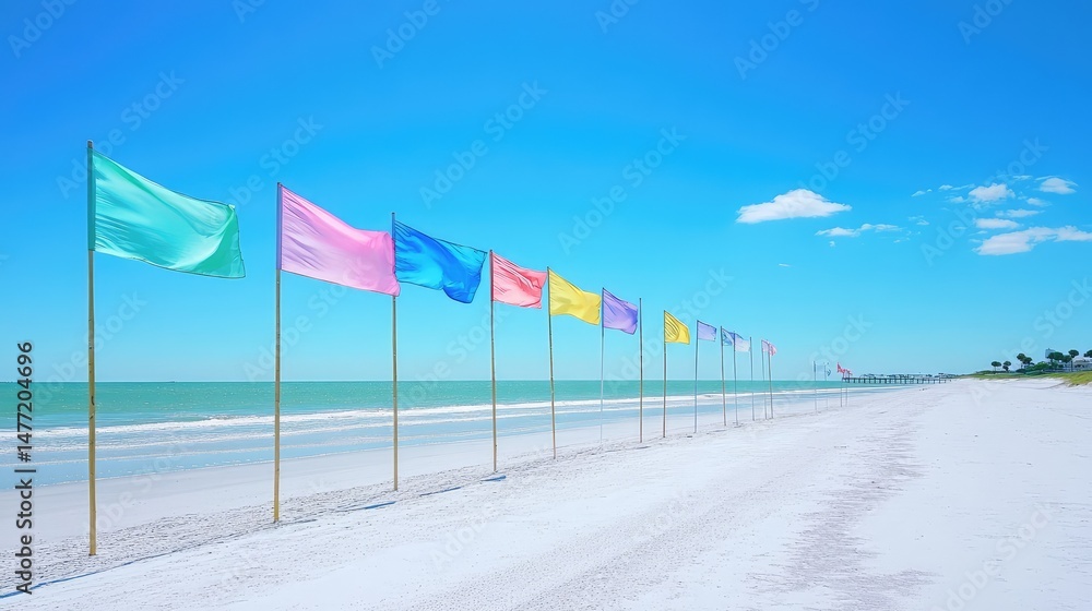 Naklejka premium Alternating colored flags forming a visual line across sun-drenched white beach