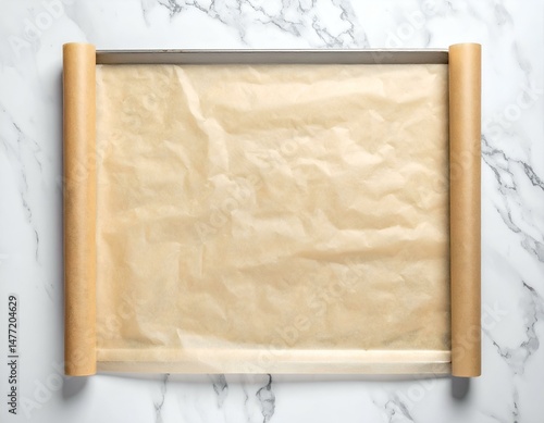 Baking parchment paper rolled out on a baking tray, ready for use.  Flat lay overhead shot.