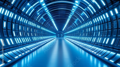 Futuristic blue cyber tunnel background with glowing lights. High-tech digital sci-fi corridor for technology data network concepts.