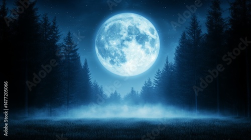 Mystical glowing blue full moon over dark foggy forest at night. Atmospheric nature background scene for Halloween, fantasy, spooky concepts.