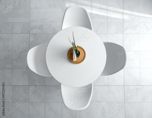 Top-down view of a minimalist white round table with four white chairs on a tiled floor, a small plant as a centerpiece.