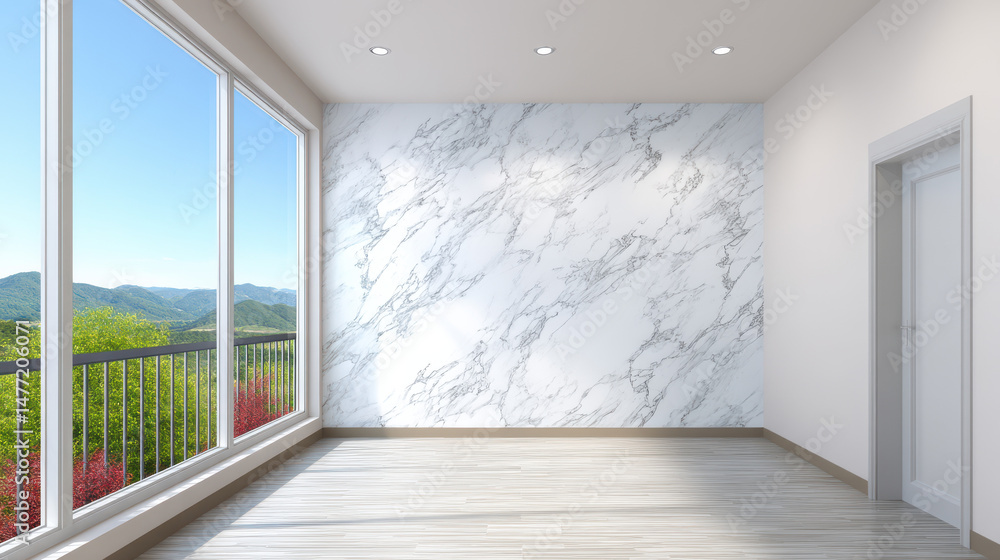 Fototapeta premium A bright sunlit empty room features a marble accent wall, light wood floors, and large overlooking a scenic mountain landscape from a balcony.