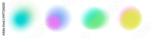 Gradient abstract background with vibrant colors blue, green, yellow, pink and red. Soft blur and neon glow. Fluid rounded shapes with grainy texture and geometric spots. Trendy Y2K aesthetic.
