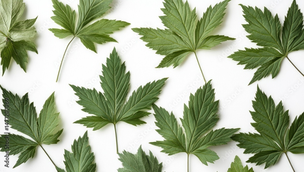 Fresh green leaves arranged on a white background. A variety of leaf shapes and sizes create a botanical design Fresh green leaves arranged on a white background. A variety of leaf shapes and sizes create a botanical design