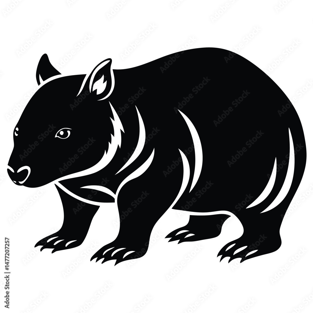 Fototapeta premium Black Silhouette of Wombat with Visible Ears, Eyes, Claws, and Fur Markings
