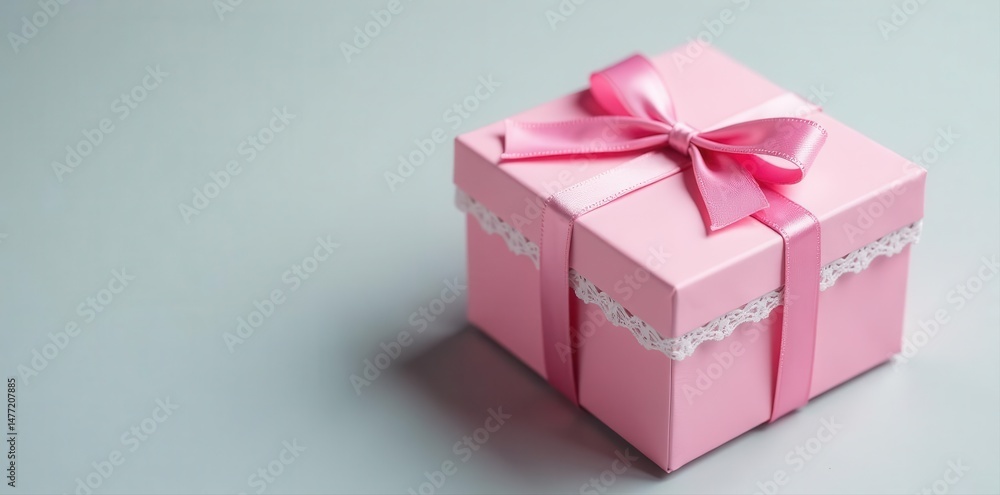 Pink gift box with white lace trim and a small satin bow , clean, decor Pink gift box with white lace trim and a small satin bow , clean, decor