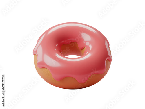 Delicious 3d rendered glazed donut with pink icing on a minimalist black background