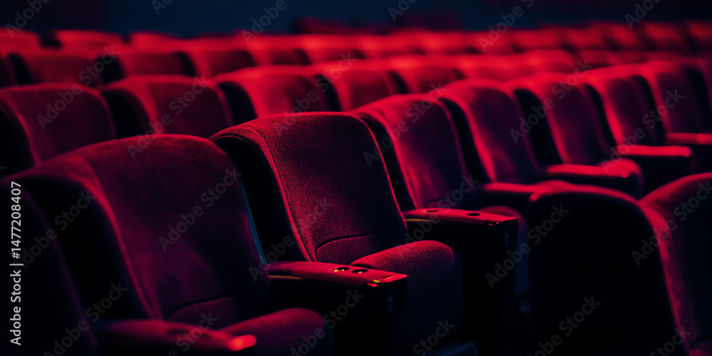 Obraz premium 上映を待つ赤い座席が静かに並ぶ映画館の室内。物語の始まりを待つような期待感と、映画館ならではの非日常的な空気感を表現した一枚です。