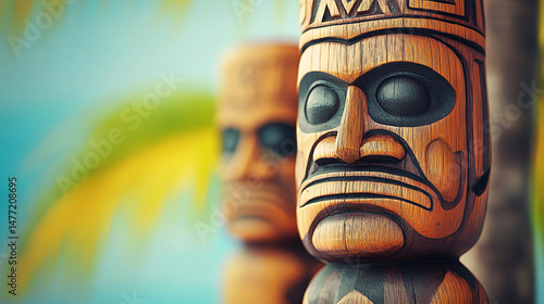 Oceania totem sacred head, scary mask showing the god and spirit