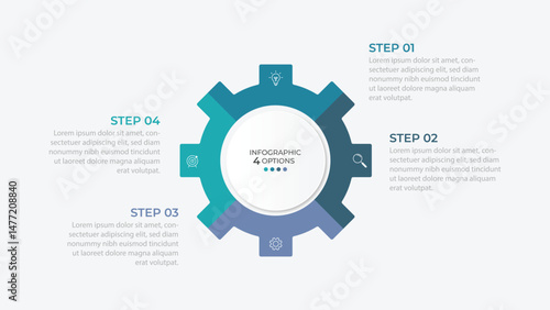 infographic 4 point stage template with gear shape piechart slice style for slide presentation vector