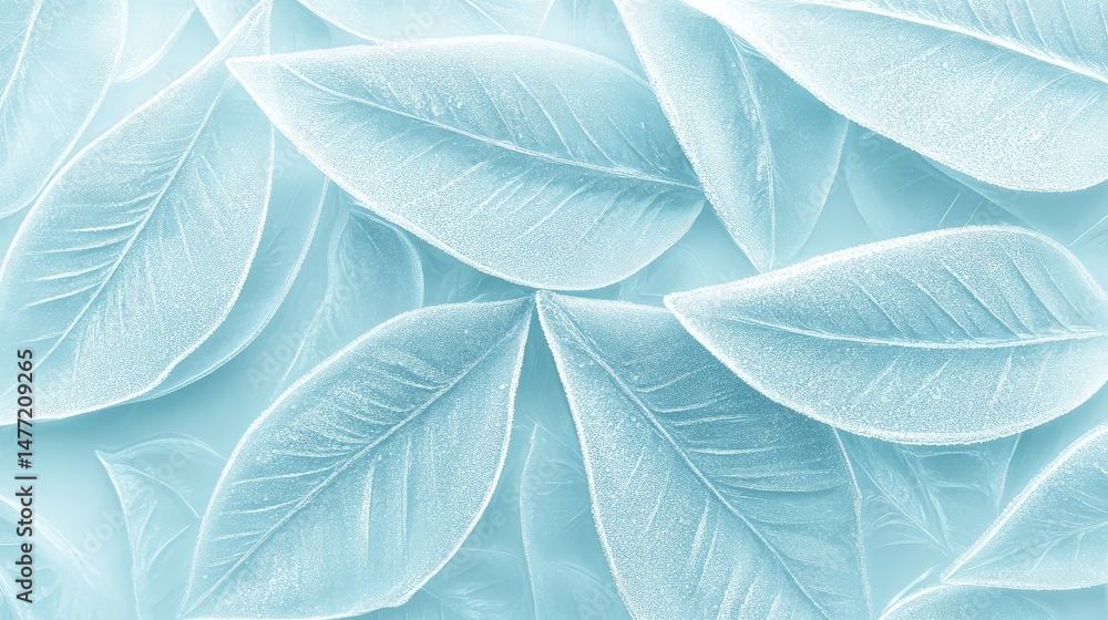 Obraz premium Crystalized frost patterns across a pale blue background, evoking frozen winter air