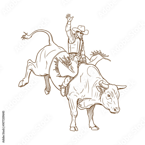 Bull Riding Cowboy Vintage Rodeo Vector Illustration of a Rider in Action on a Bucking Bull with Raised Hand

