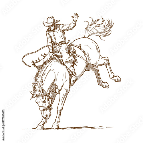 Western Rodeo Cowboy Illustration of a Man Balancing on a Wild Bucking Bronco Horse in Mid-Kick Action Pose

