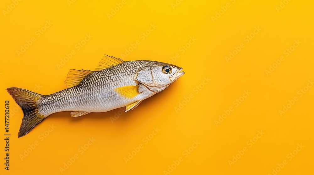 Fototapeta premium Detailed image of a sea bass's body pattern lying on flat orange background