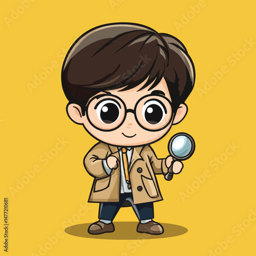 Detective boy mascot cute cartoon no details solid background bright
