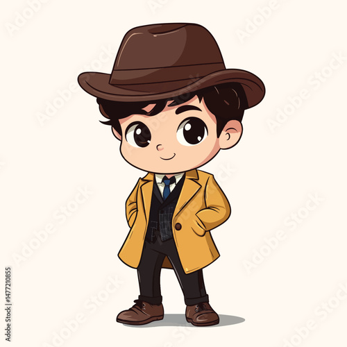 Detective boy mascot cute cartoon no details solid background bright