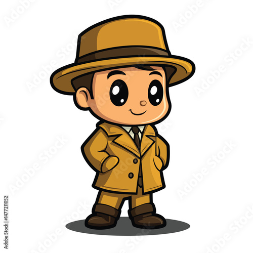 Detective boy mascot cute cartoon no details solid background bright
