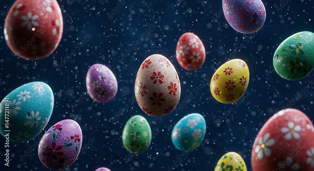 Fototapeta premium Colorful Decorated Easter Eggs Floating on Dark Blue Background