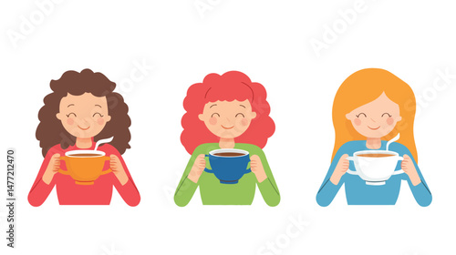 Group of diverse people enjoying hot tea together in a cozy setting, flat vector illustration showing tea culture, social gathering, relaxation, warm beverages, and friendly interaction around cups 