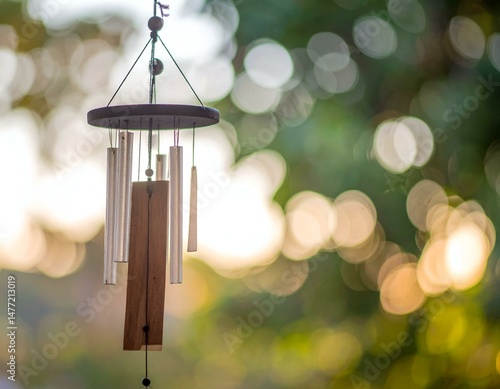 Wallpaper Mural Serene wind chime hanging outdoors, bathed in soft sunlight, blurred green background. Perfect for relaxation, tranquility themes. Torontodigital.ca