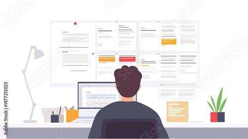 Project manager analyzing timeline of an online ad campaign on digital dashboard interface, focusing on strategic planning, marketing progress, and task coordination, flat vector illustration